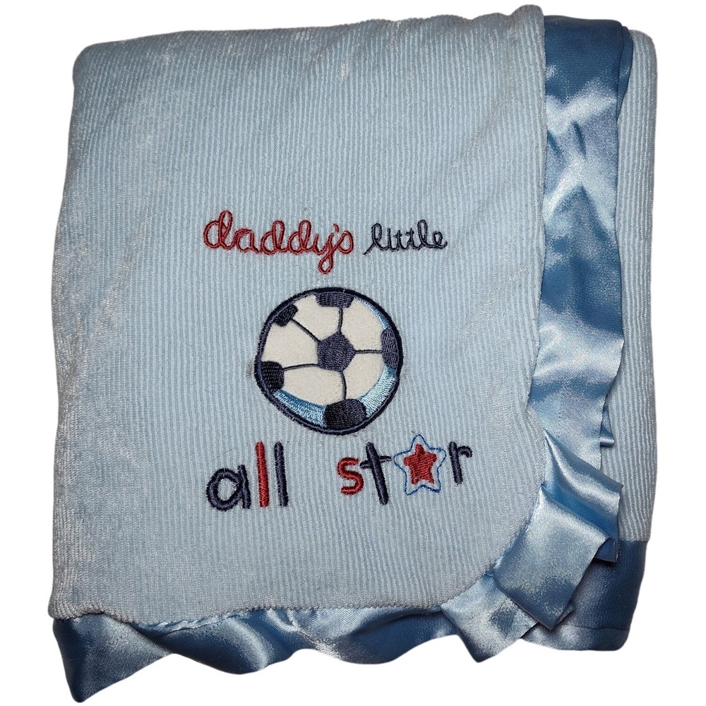 Carter's Blue Daddy's Little All Star Soccer Baby Blanket‎ Satin Trim Vtg